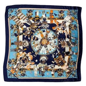 Native American Kachinas style scarf navy blue 3ft x 3ft square